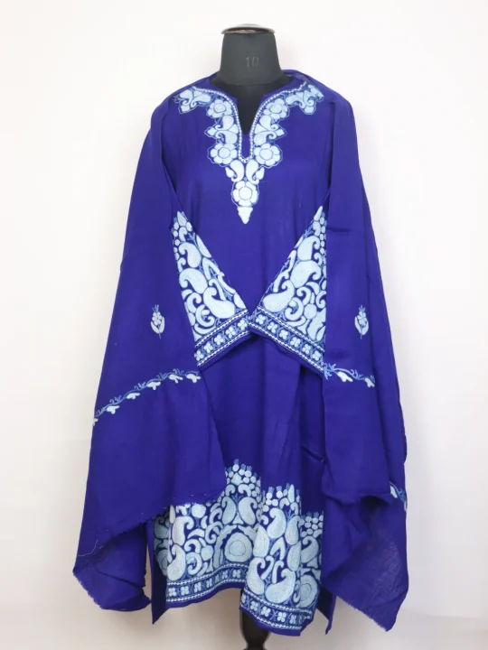 Shazia Raffal Kashmiri Wool Aari Embroidered Pheran with Dupatta Blue