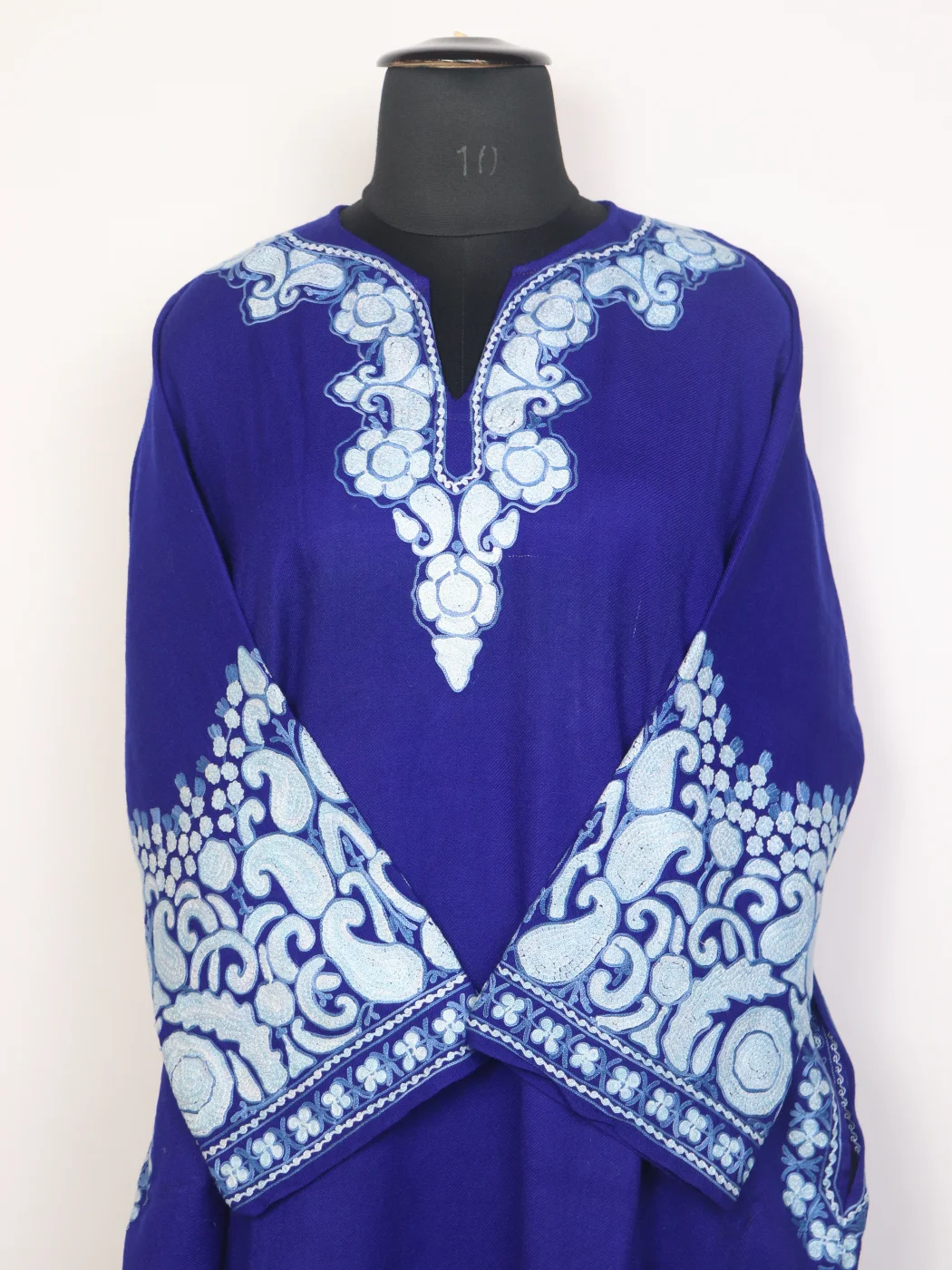 Shazia Raffal Kashmiri Wool Aari Embroidered Pheran with Dupatta Blue - Image 2