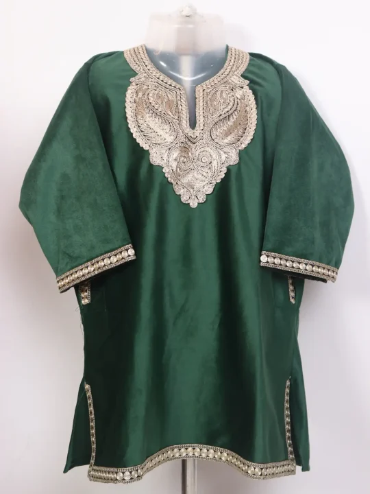 Shirin Kashmiri Girls Pheran With Zari Tilla Work In Holland Velvet Dark Green (3 to 4Y)