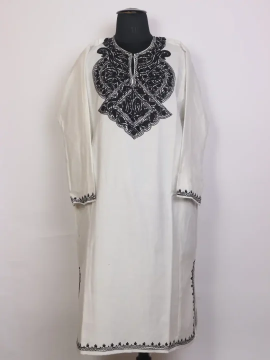 White Cashmilon Kashmiri Pheran with Black Aari Work | Ruh