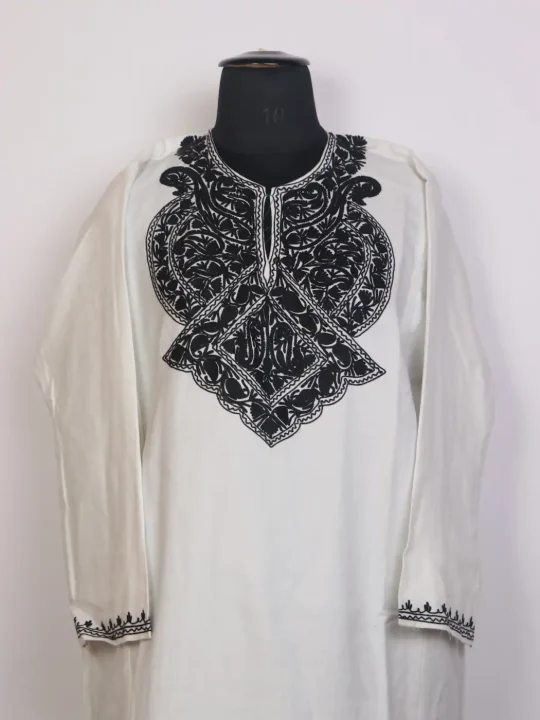 White Cashmilon Kashmiri Pheran with Black Aari Work | Ruh - Image 2