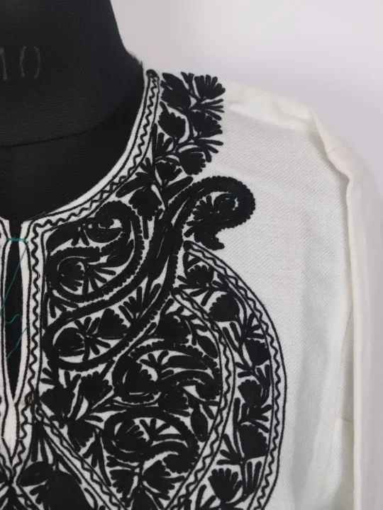 White Cashmilon Kashmiri Pheran with Black Aari Work | Ruh - Image 3