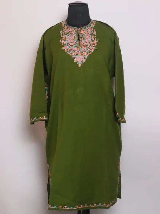 Suhaila Kashmiri Girls Pheran in Olive Green Cashmilon Wool with Aari Work