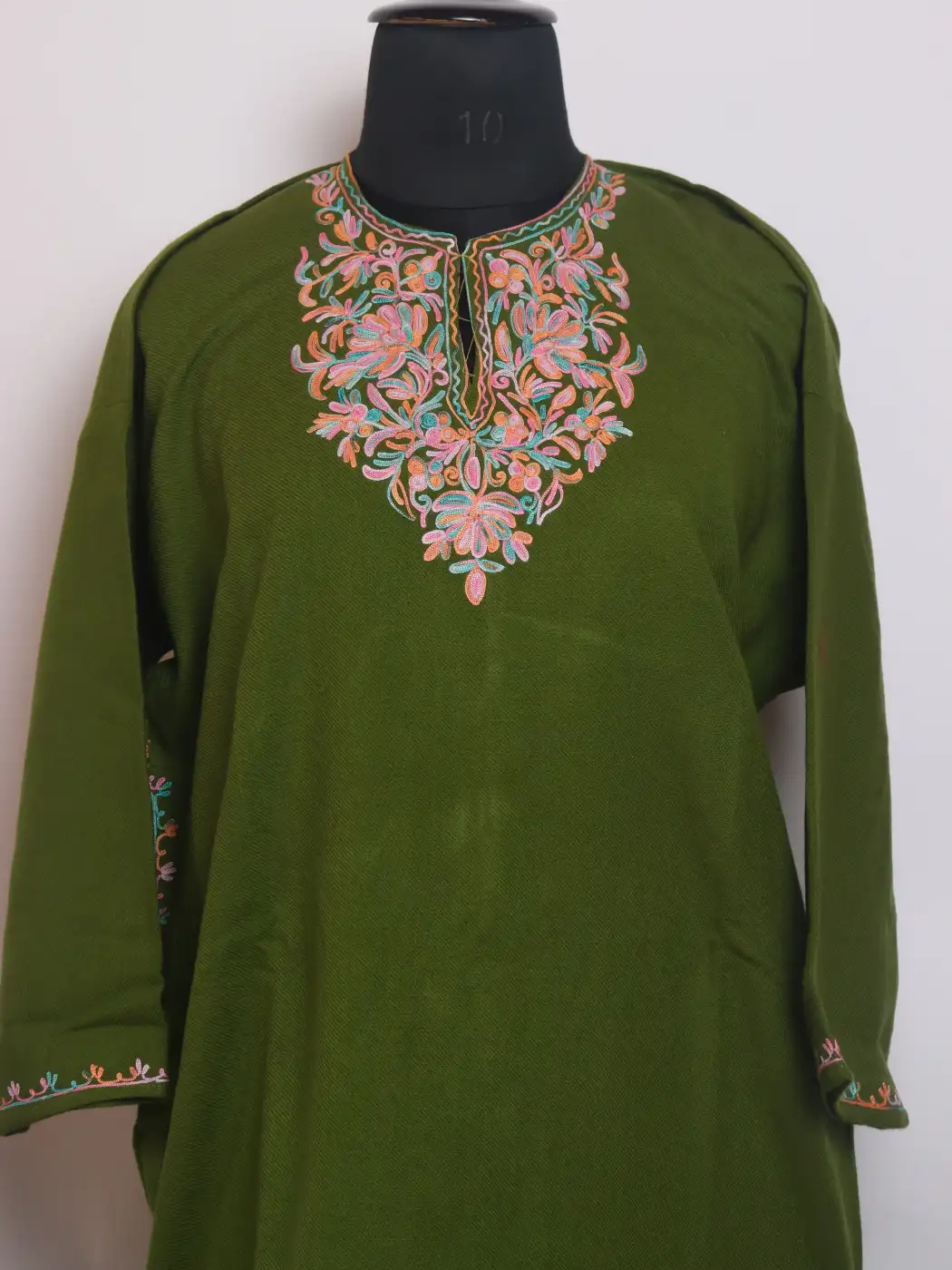 Suhaila Kashmiri Girls Pheran in Olive Green Cashmilon Wool with Aari Work - Image 2