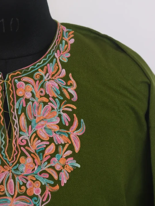 Suhaila Kashmiri Girls Pheran in Olive Green Cashmilon Wool with Aari Work - Image 3