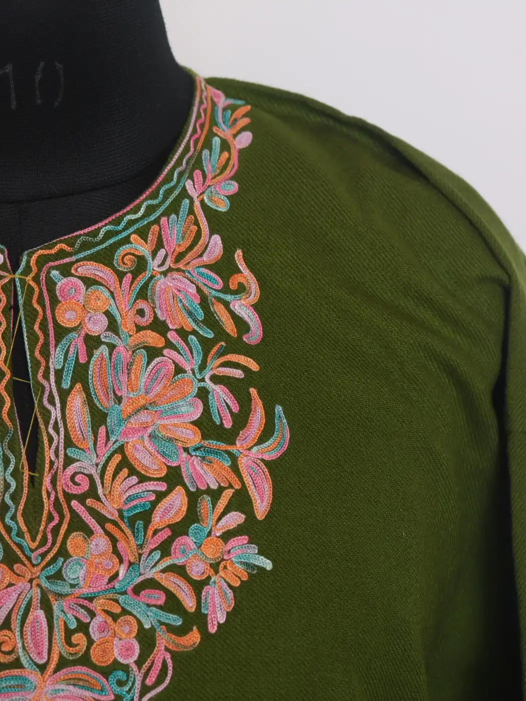 Suhaila Kashmiri Girls Pheran in Olive Green Cashmilon Wool with Aari Work - Image 3