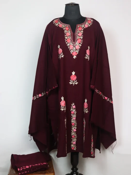 Suhaina Kashmiri Pheran 3 Pc Set In Cashmilon wool With Aari Work | Maroon