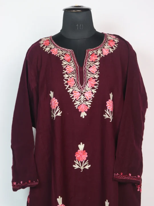 Suhaina Kashmiri Pheran 3 Pc Set In Cashmilon wool With Aari Work | Maroon - Image 2