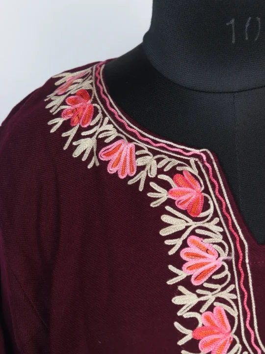 Suhaina Kashmiri Pheran 3 Pc Set In Cashmilon wool With Aari Work | Maroon - Image 3