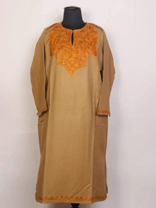 Beige Naqsh Cashmilon Pheran with Mustard Aari Embroidery