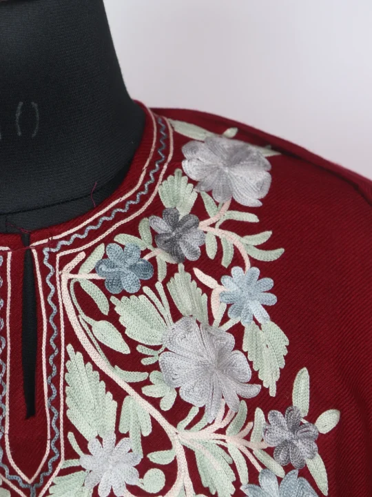 Red Kashmiri Pheran In Cashmilon Wool With Aari Embroidery | Tabassum - Image 3