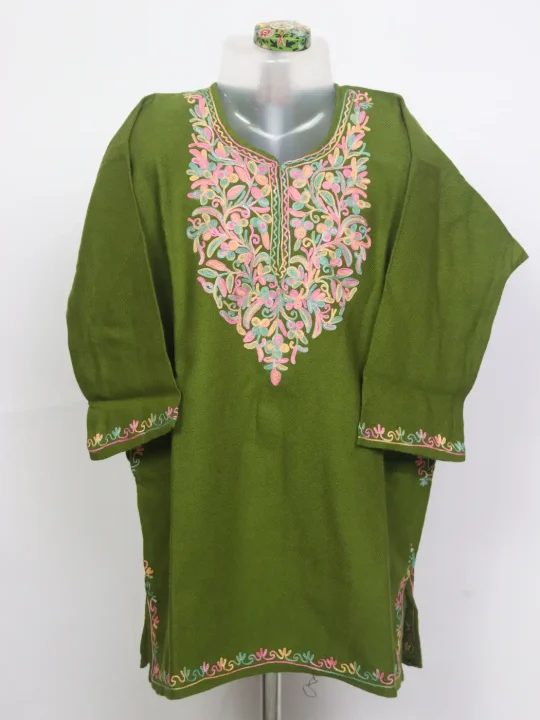 Tuba Kashmiri Girls Pheran in Olive Green Cashmilon Wool with Aari Work (3 to 4Y)