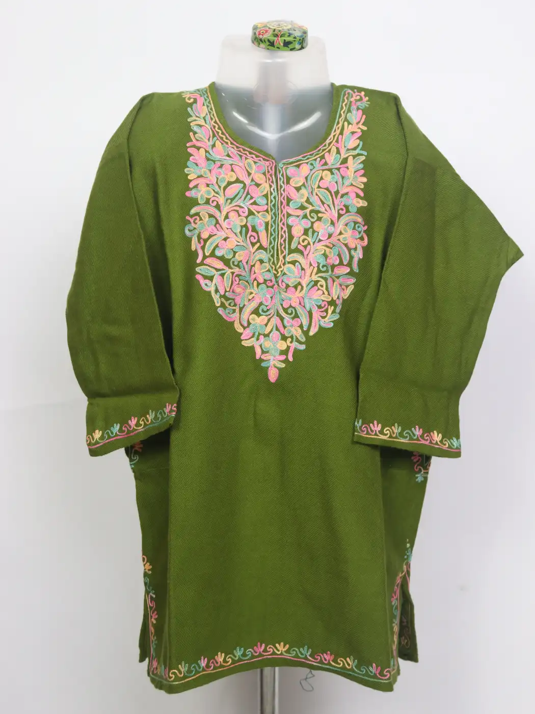 Tuba Kashmiri Girls Pheran in Olive Green Cashmilon Wool with Aari Work (3 to 4Y)