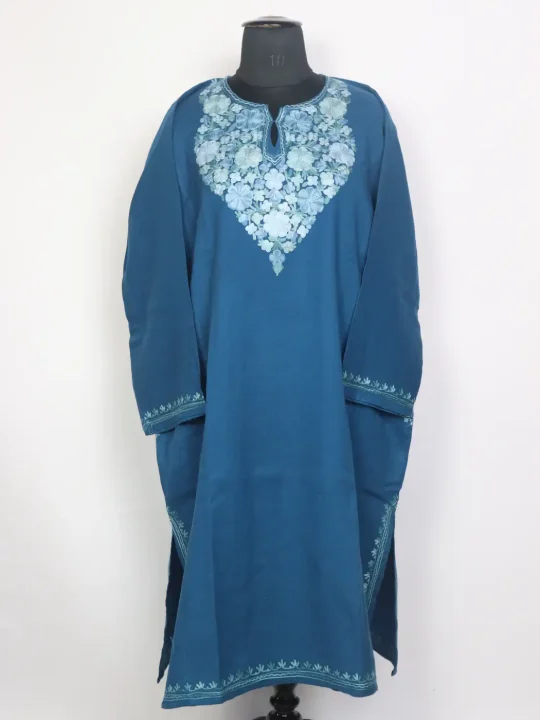 Waniya Blue Kashmiri Pheran in Raffal Wool with Aari Work