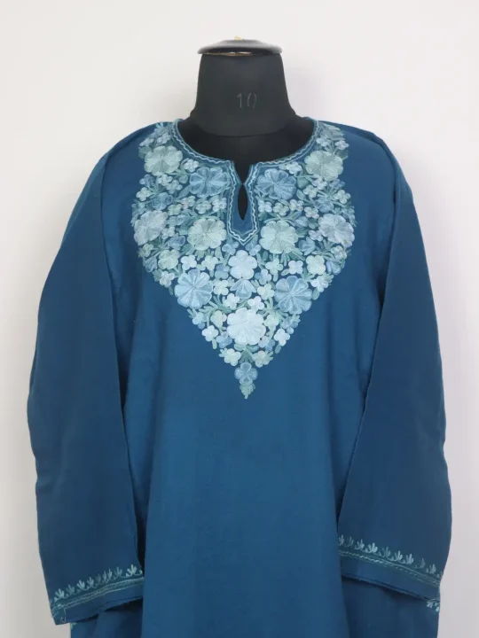 Waniya Blue Kashmiri Pheran in Raffal Wool with Aari Work - Image 2