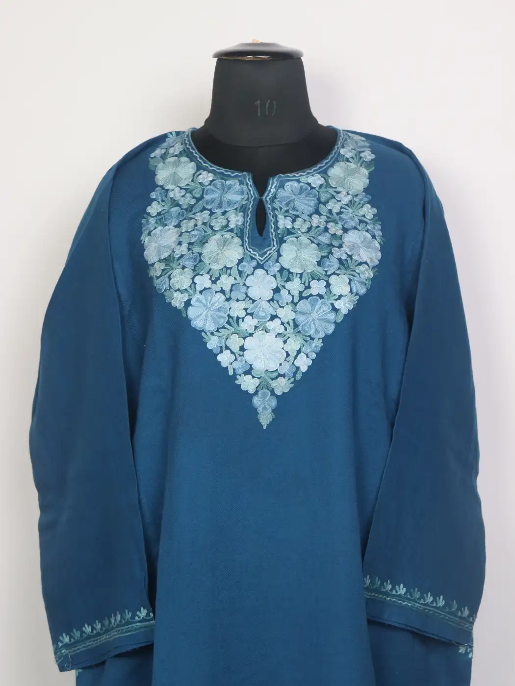 Waniya Blue Kashmiri Pheran in Raffal Wool with Aari Work - Image 2