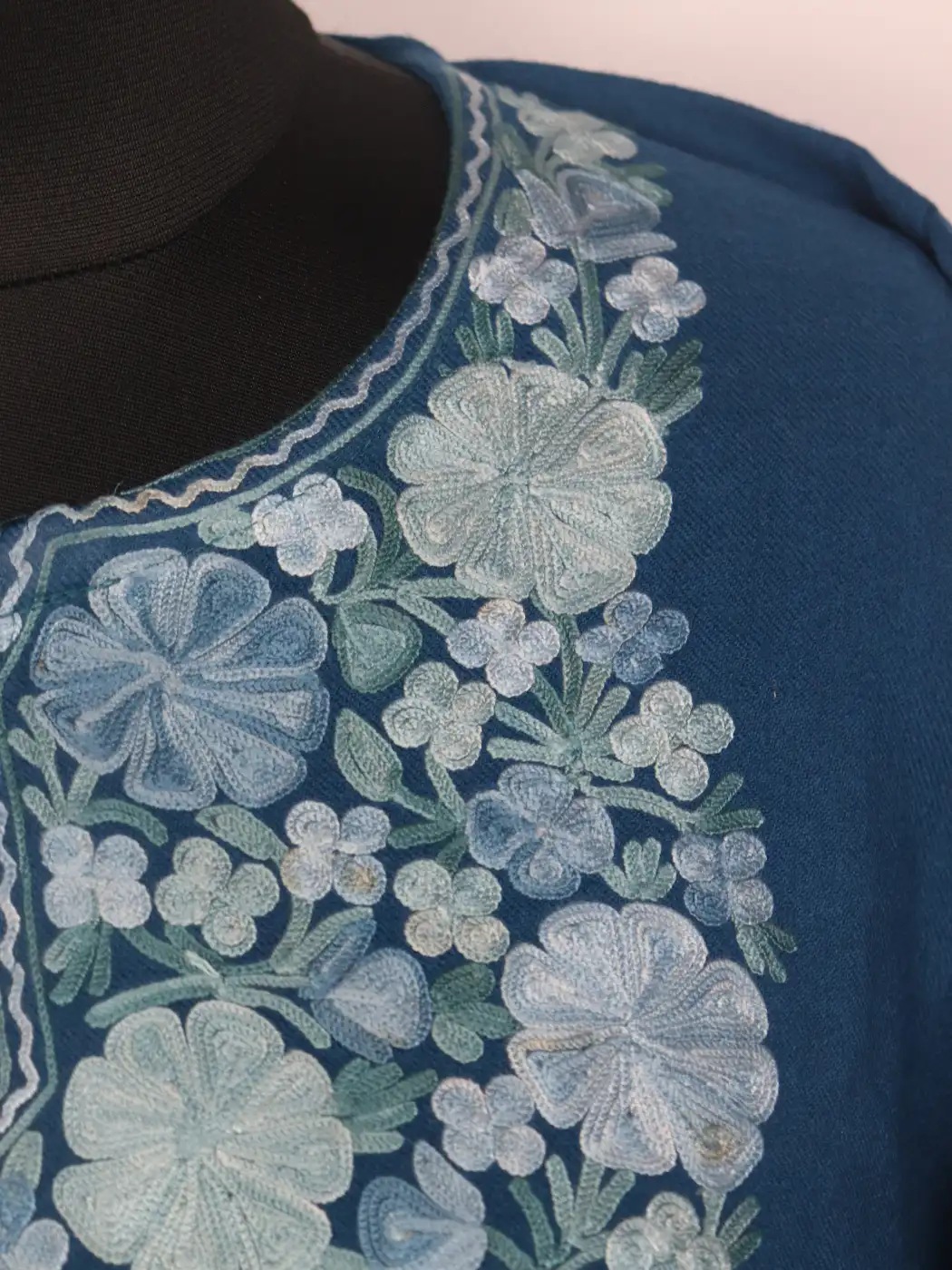 Waniya Blue Kashmiri Pheran in Raffal Wool with Aari Work - Image 3