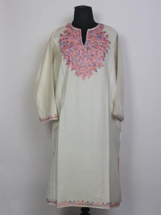 White Cashmilon Aari Embroidered Kashmiri Pheran