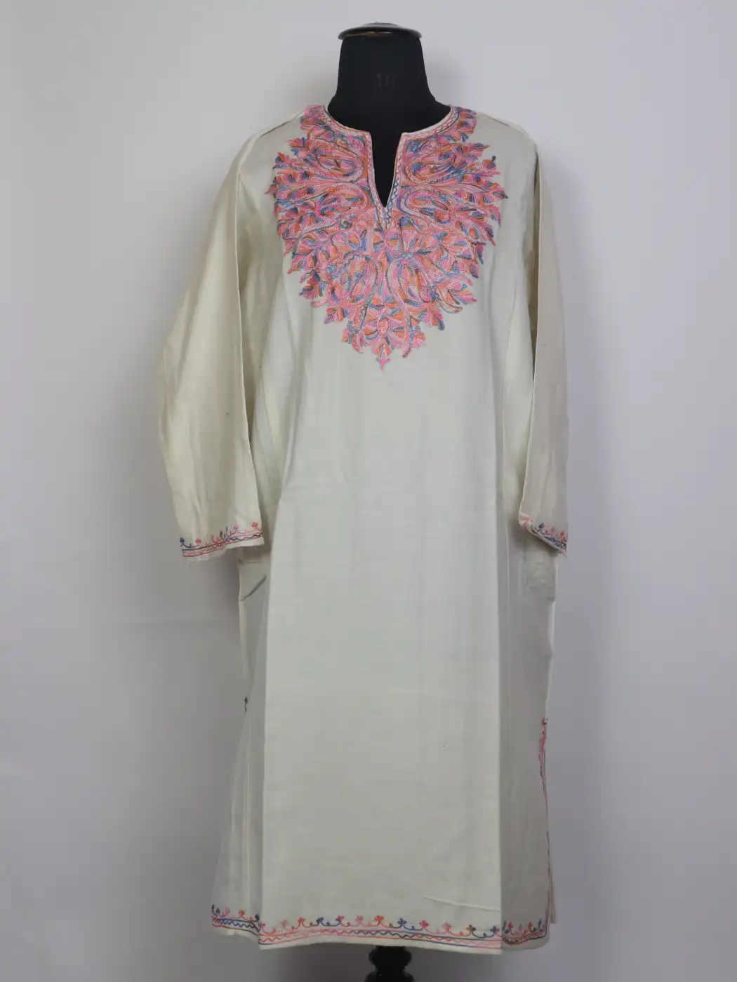 White Cashmilon Aari Embroidered Kashmiri Pheran