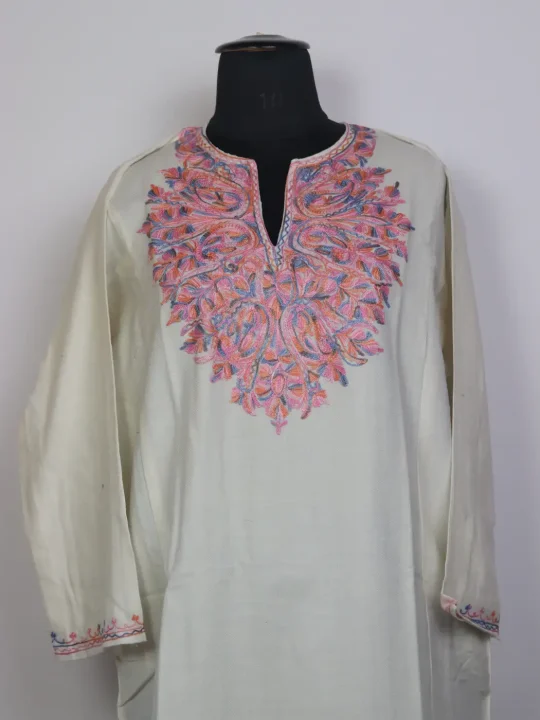 White Cashmilon Aari Embroidered Kashmiri Pheran - Image 2