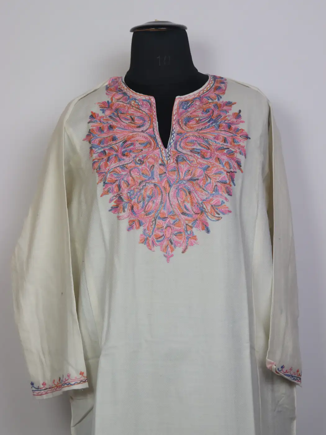 White Cashmilon Aari Embroidered Kashmiri Pheran - Image 2