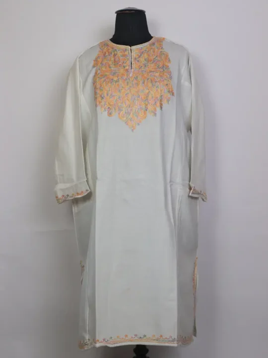 White Kashmiri Hiba Pheran with Aari Work in Cashmilon Wool