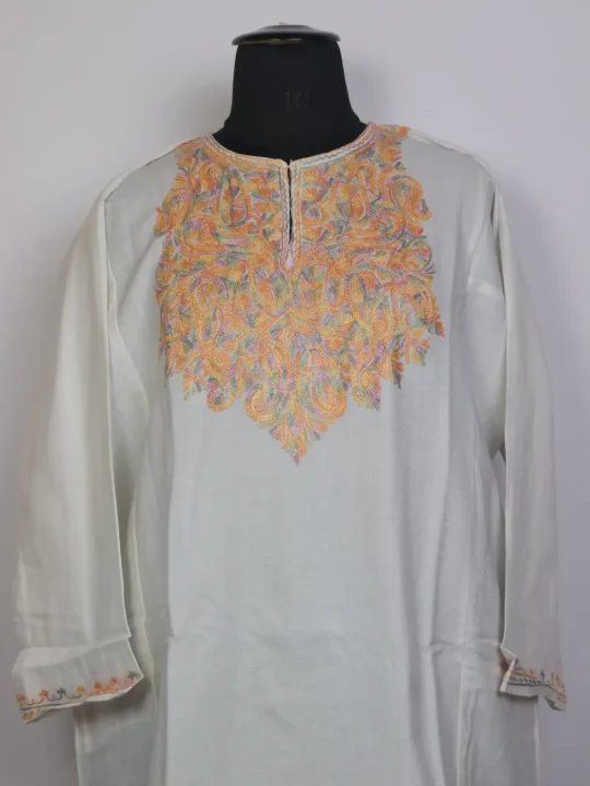 White Kashmiri Hiba Pheran with Aari Work in Cashmilon Wool - Image 2