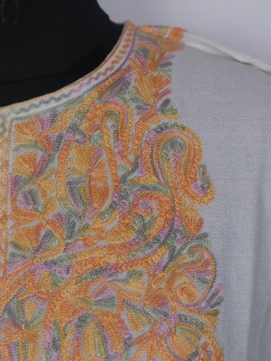 White Kashmiri Hiba Pheran with Aari Work in Cashmilon Wool - Image 3