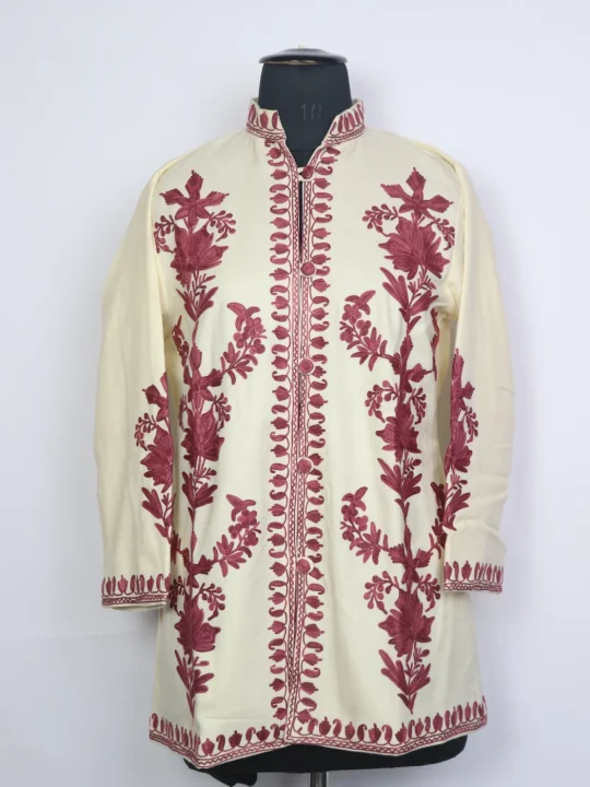 White Kashmiri Huda Cashmilon Wool Short Aari Embroidery Coat