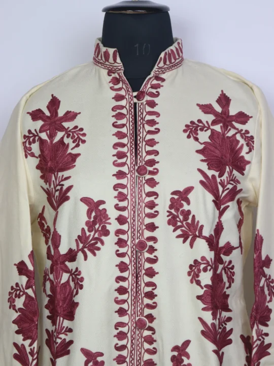 White Kashmiri Huda Cashmilon Wool Short Aari Embroidery Coat - Image 2
