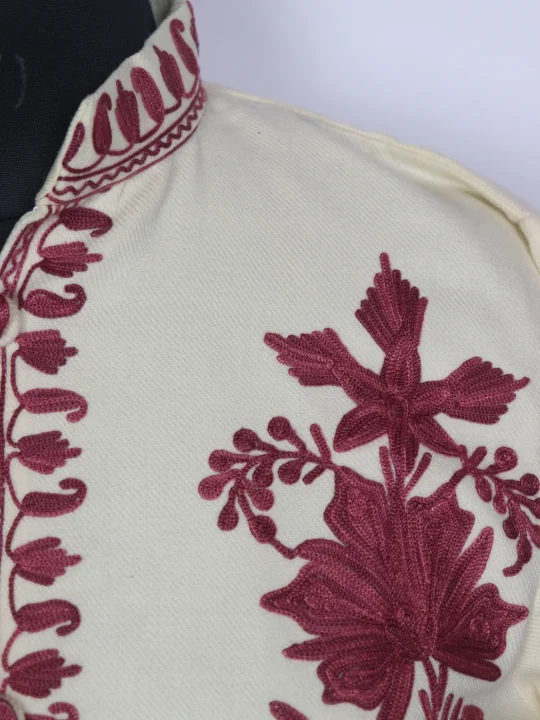 White Kashmiri Huda Cashmilon Wool Short Aari Embroidery Coat - Image 3