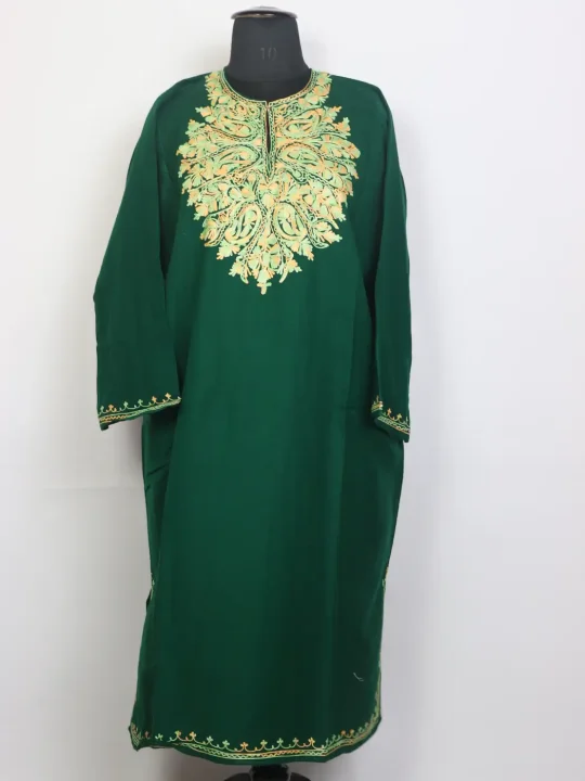 Yasmin Green Aari Embroidered Cashmilon Kashmiri Pheran