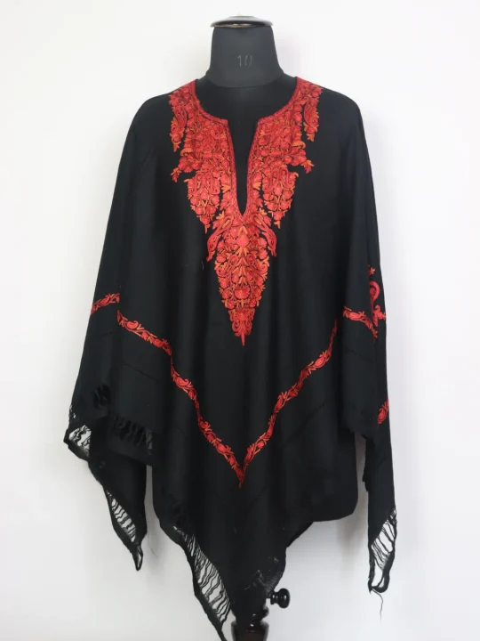 Kashmiri Hand Aari Embroidered Wool Poncho Black Samarah