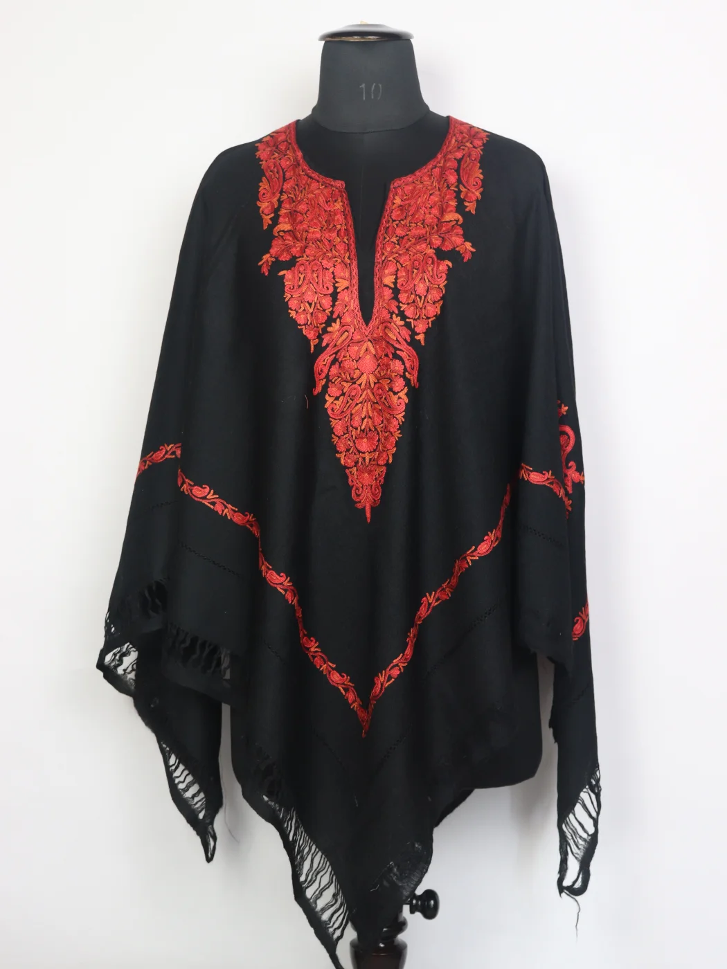 Kashmiri Hand Aari Embroidered Wool Poncho Black Samarah