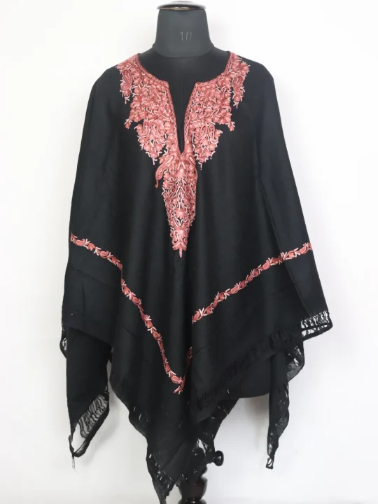Kashmiri Wool Hand Aari Embroidered Poncho Black Zareefa