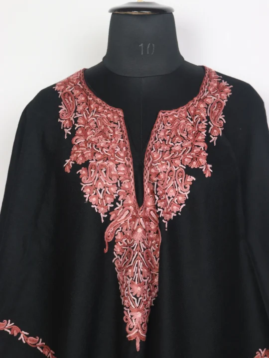 Kashmiri Wool Hand Aari Embroidered Poncho Black Zareefa - Image 2