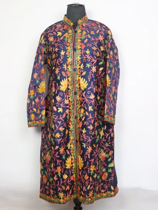 Yusra Navy Blue Silk Long Jaal Aari Embroidered Coat