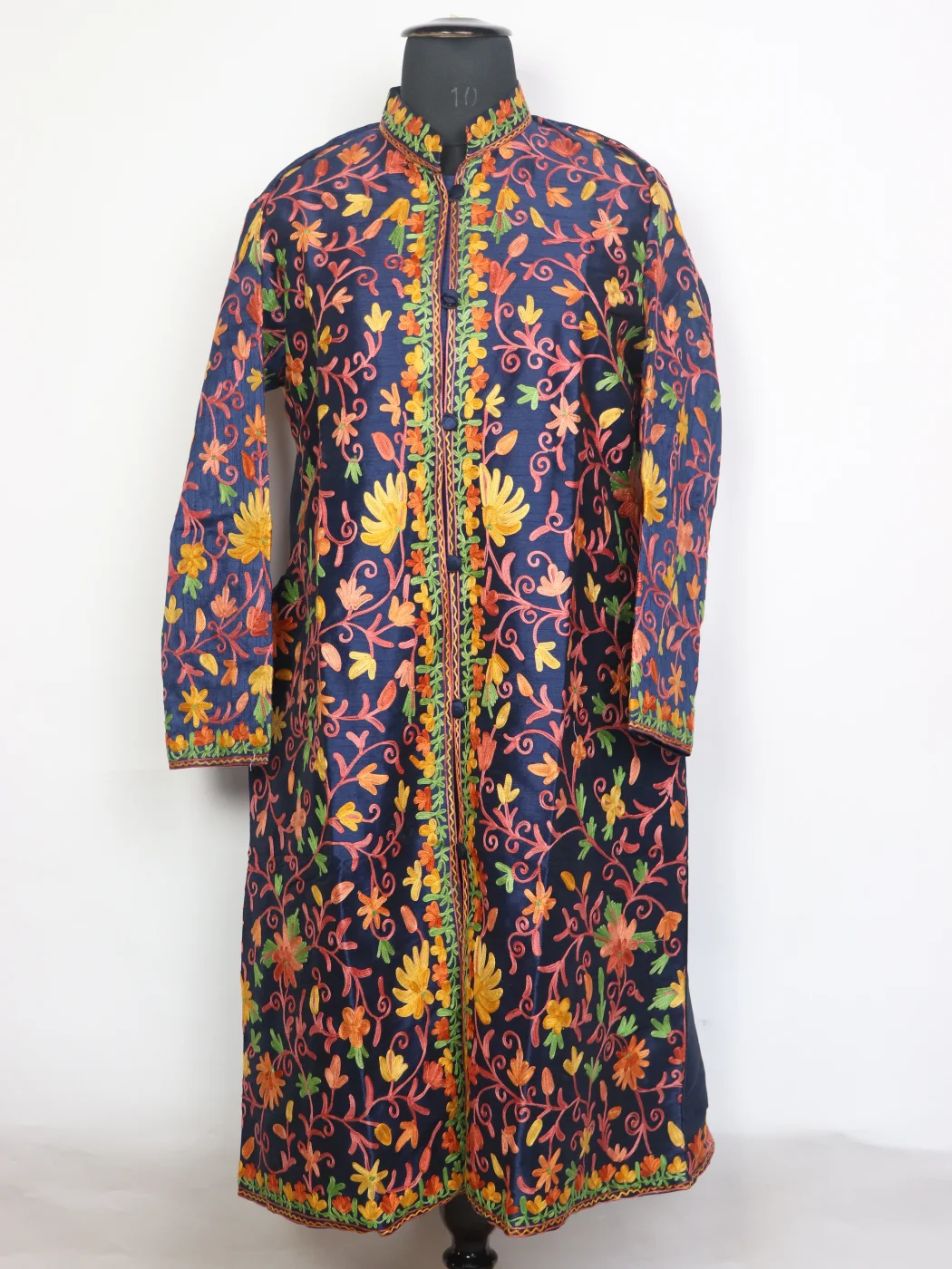 Yusra Navy Blue Silk Long Jaal Aari Embroidered Coat