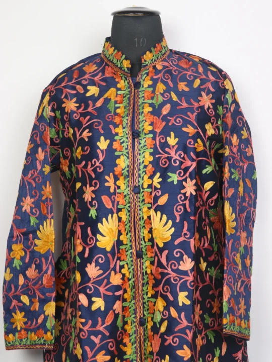 Yusra Navy Blue Silk Long Jaal Aari Embroidered Coat - Image 2