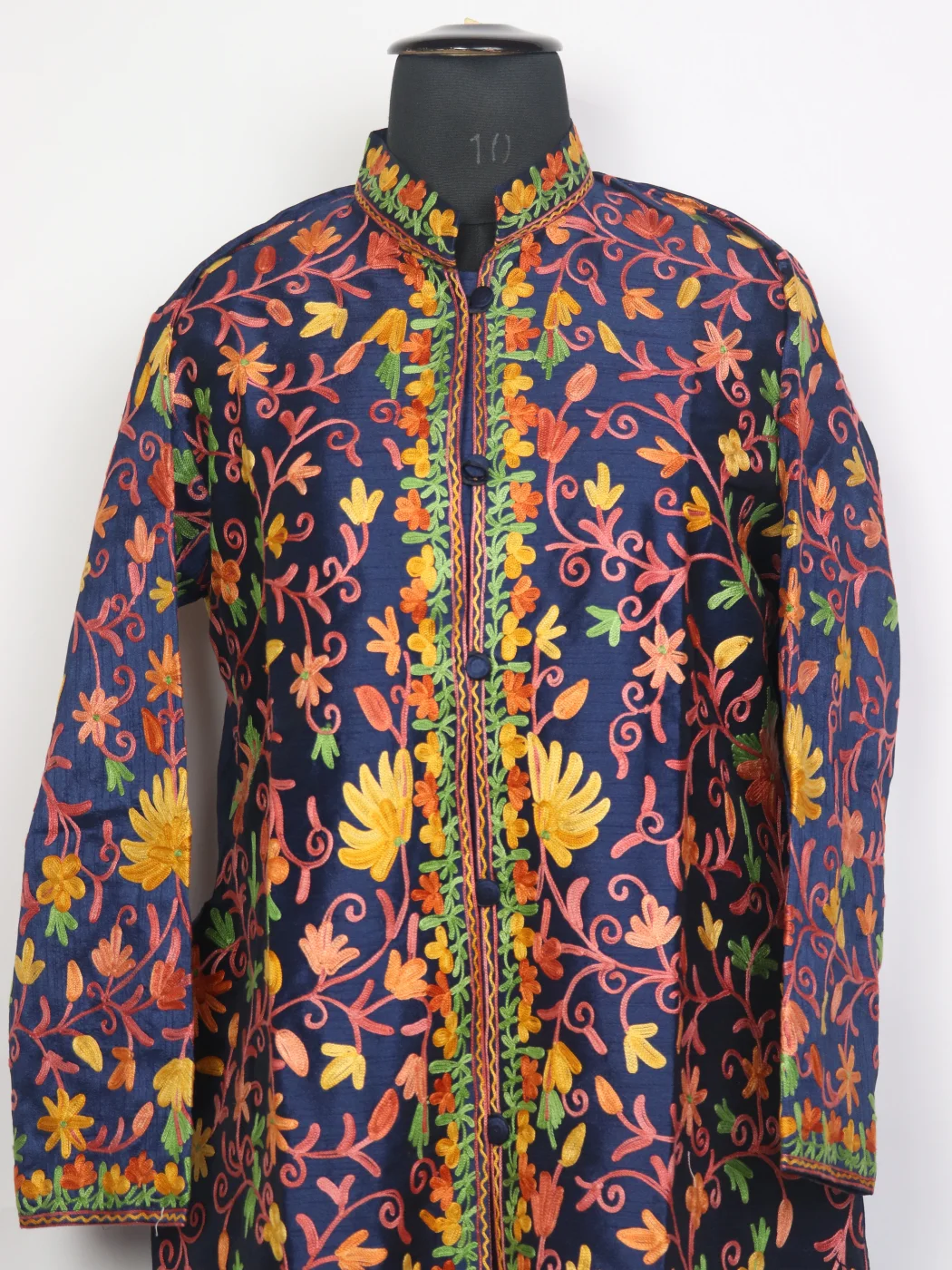 Yusra Navy Blue Silk Long Jaal Aari Embroidered Coat - Image 2