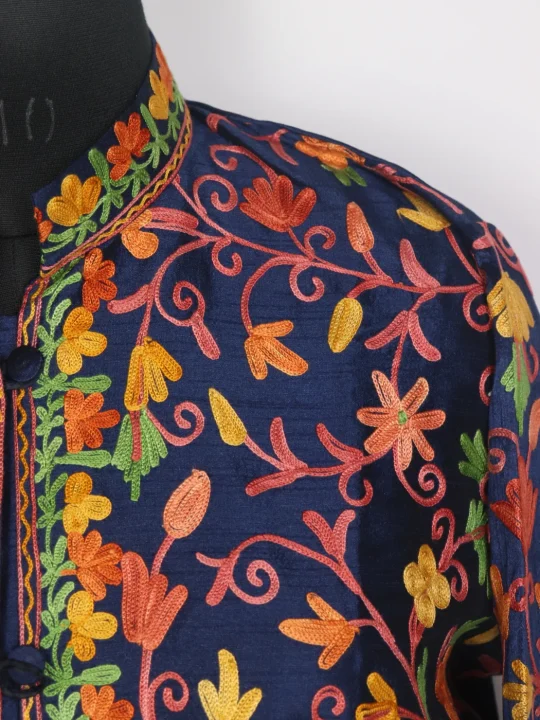 Yusra Navy Blue Silk Long Jaal Aari Embroidered Coat - Image 3