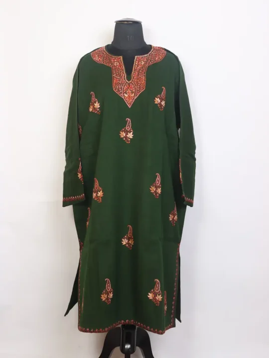 Zara Bottle Green Kashmiri Hand Sozni Pheran in Raffal Wool