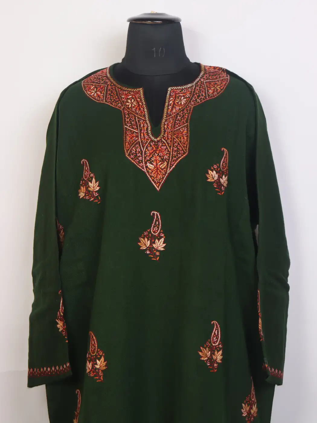 Zara Bottle Green Kashmiri Hand Sozni Pheran in Raffal Wool - Image 2