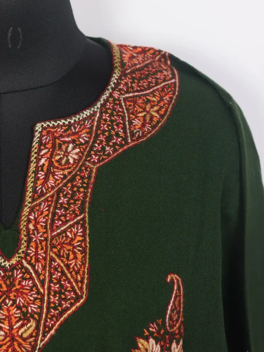 Zara Bottle Green Kashmiri Hand Sozni Pheran in Raffal Wool - Image 3
