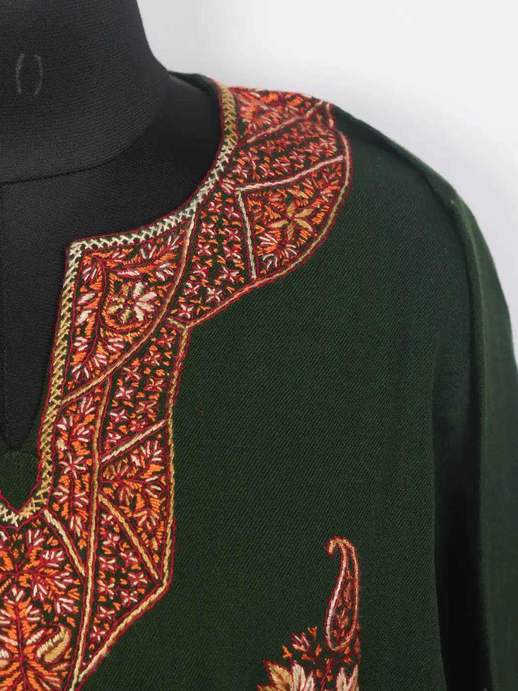 Zara Bottle Green Kashmiri Hand Sozni Pheran in Raffal Wool - Image 3