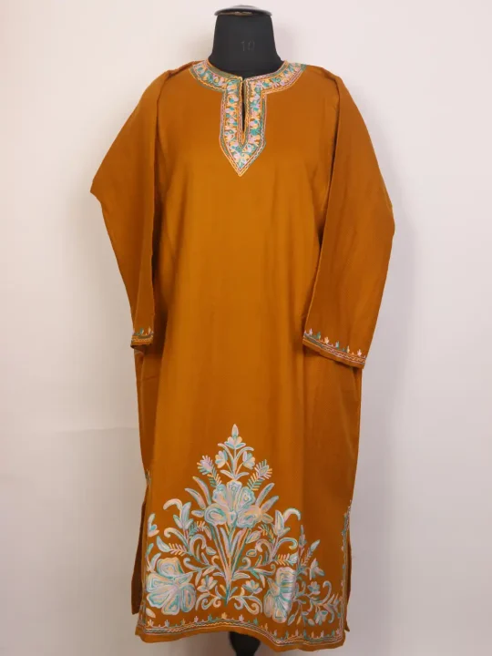 Mustard Kashmiri Pheran Cashmilon Aari Embroidered