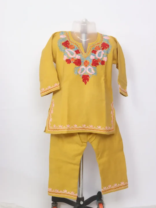 Zarmeen Mustard Kashmiri Girls 2pc Pheran Set With Aari Work In Cashmilon Wool (1 to 2Y)