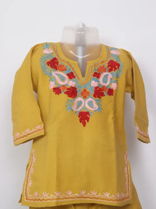 Zarmeen Mustard Kashmiri Girls 2pc Pheran Set With Aari Work In Cashmilon Wool (1 to 2Y) - Image 2
