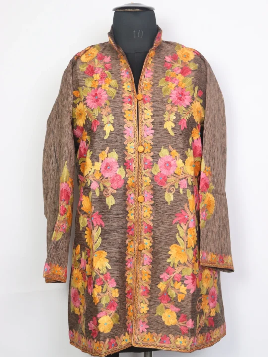 Zavian Short Silk Kashmiri Coat Aari Embroidered