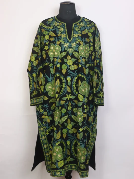 Zehra Black Kashmiri Ari Work Jamawar Pheran in Raffal Wool